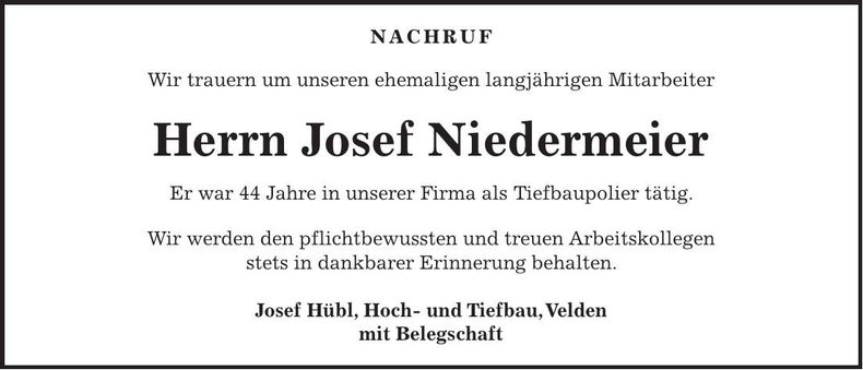 Traueranzeige Josef Niedermeier