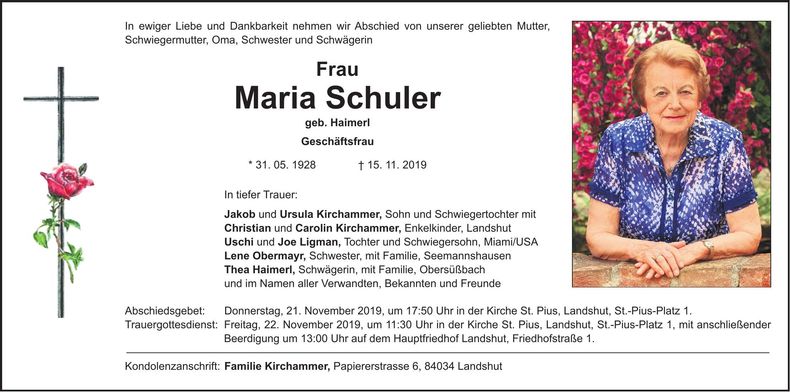Traueranzeige Maria Schuler