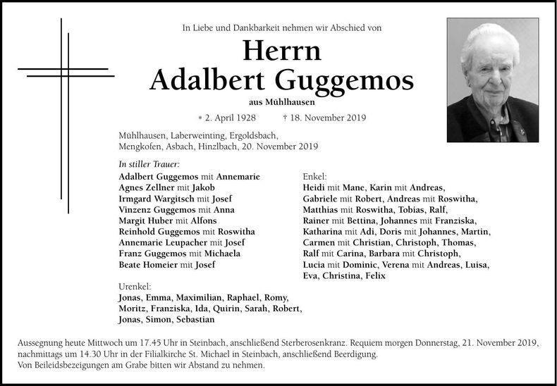 Traueranzeige Adalbert Guggemos