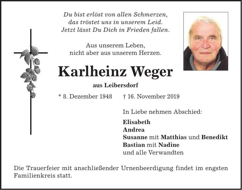 Traueranzeige Karlheinz Weger