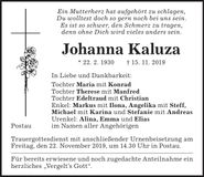 Traueranzeige Johanna Kaluza