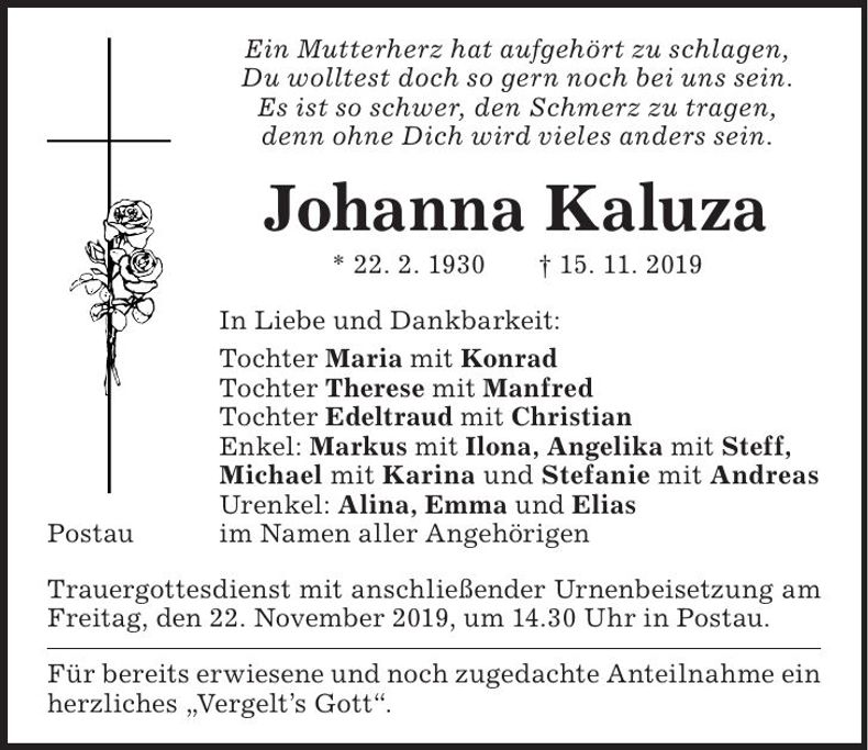 Traueranzeige Johanna Kaluza