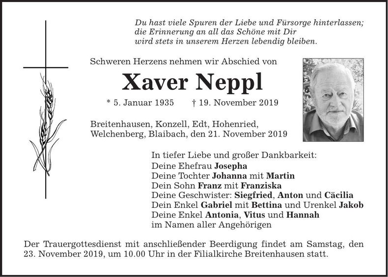 Traueranzeige Xaver Neppl