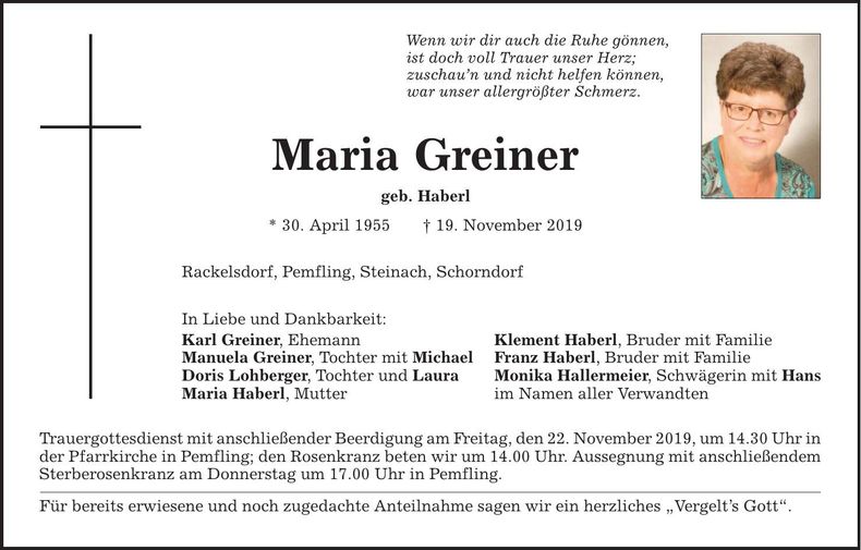 Traueranzeige Maria Greiner