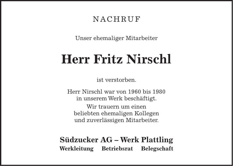 Traueranzeige Fritz Nirschl