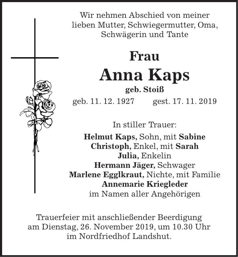 Traueranzeige Anna Kaps