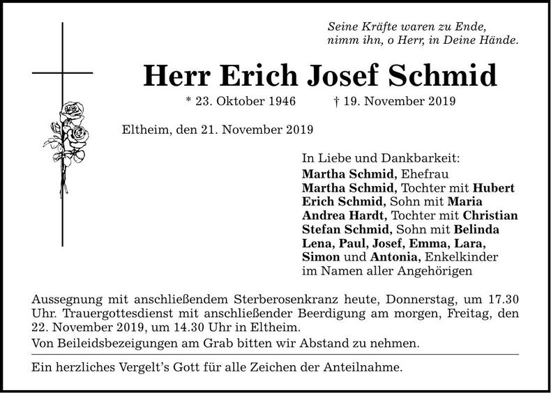 Traueranzeige Erich Schmid