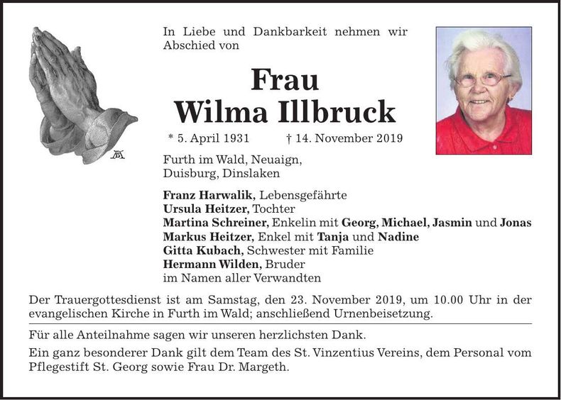 Traueranzeige Wilma Illbruck