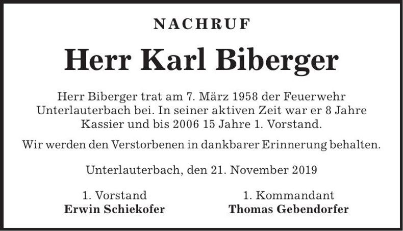 Traueranzeige Karl Biberger