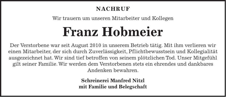 Traueranzeige Franz Hobmeier