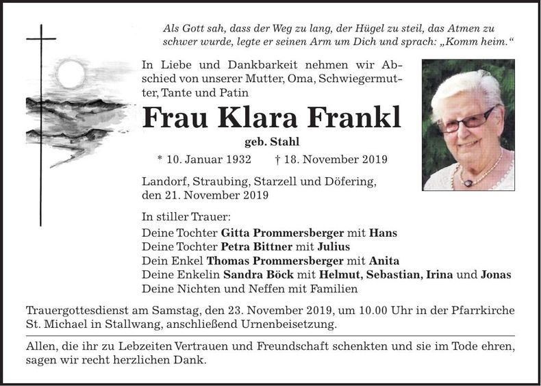 Traueranzeige Klara Frankl
