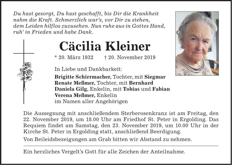 Traueranzeige Cäcilia Kleiner