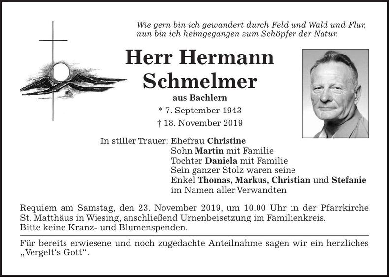 Traueranzeige Schmelmer Hermann