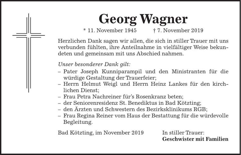 Traueranzeige Georg Wagner