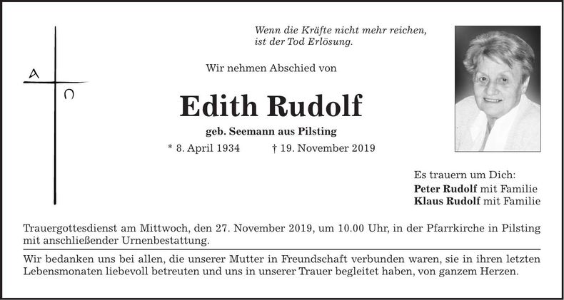 Traueranzeige Edith Rudolf