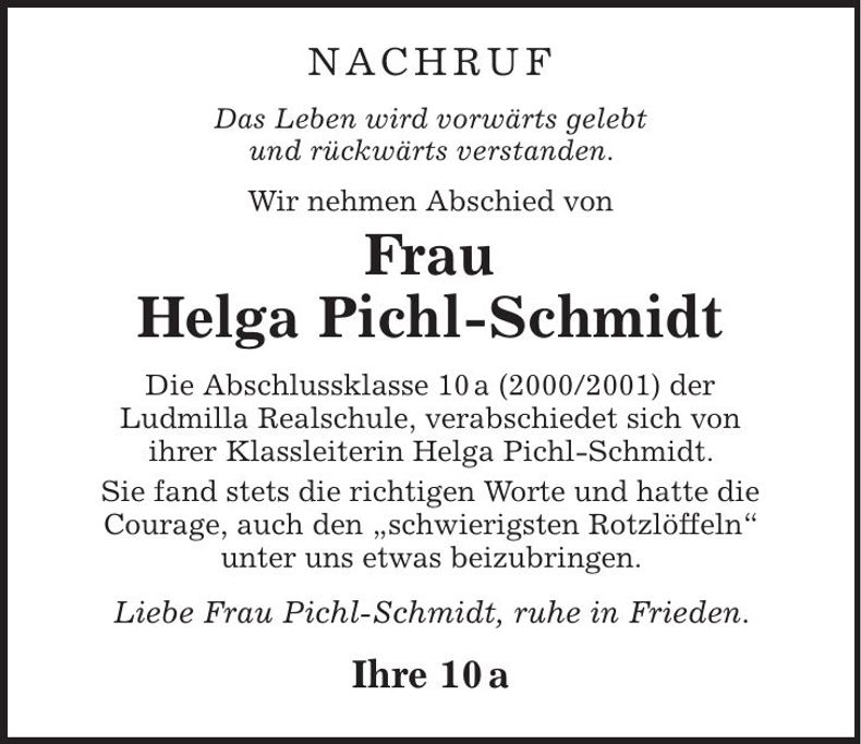 Traueranzeige Helga Pichl-Schmidt