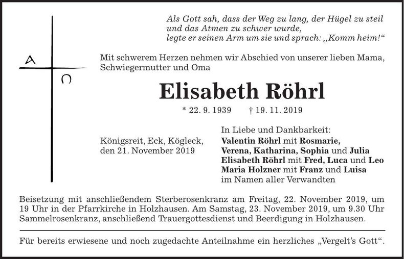 Traueranzeige Elisabeth Röhrl