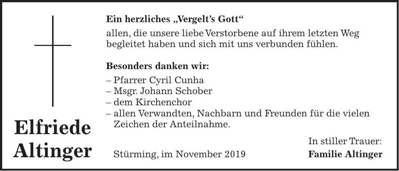 Traueranzeige Elfriede Altinger