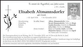 Traueranzeige Elisabeth Altmannsdorfer
