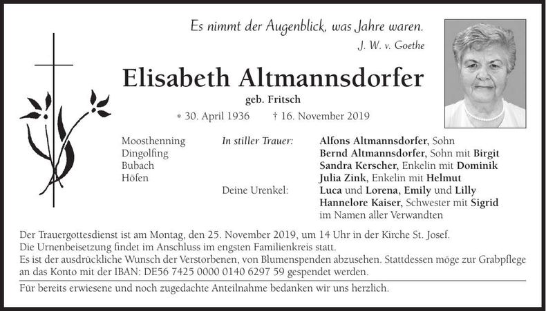 Traueranzeige Elisabeth Altmannsdorfer