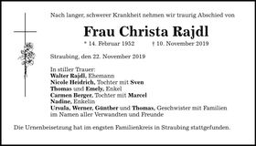 Traueranzeige Christa Rajdl