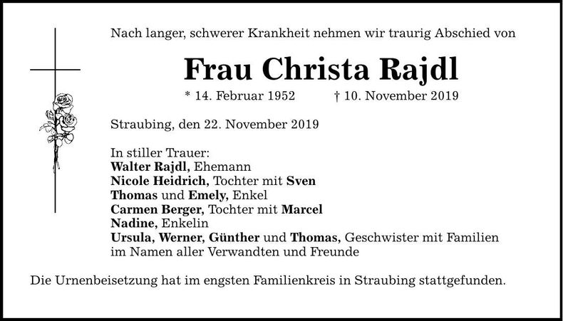 Traueranzeige Christa Rajdl