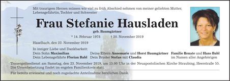 Traueranzeige Stefanie Hausladen