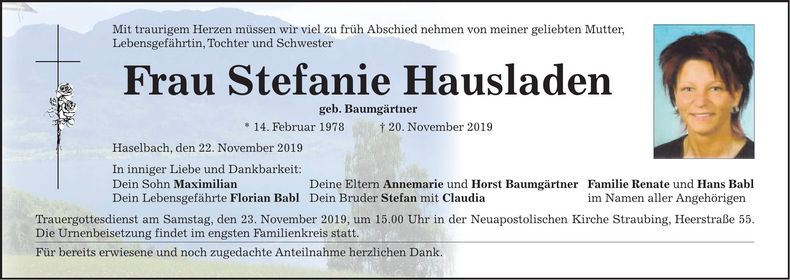 Traueranzeige Stefanie Hausladen