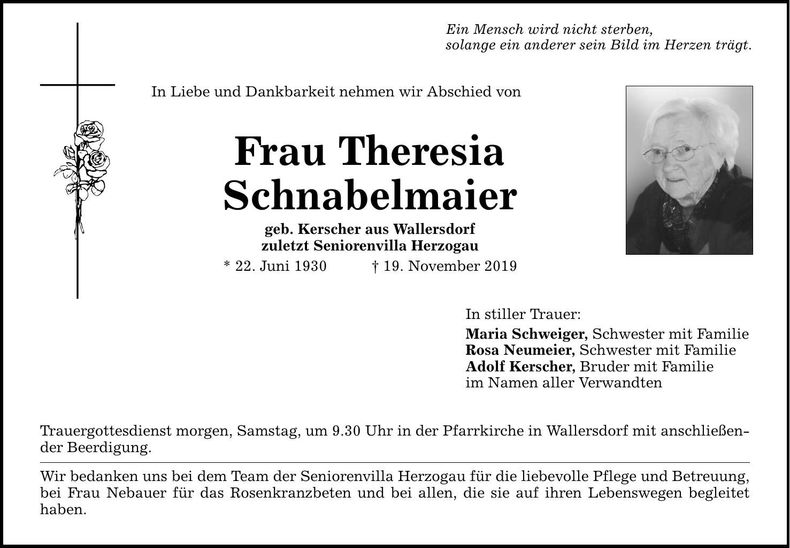Traueranzeige Theresia Schnabelmaier