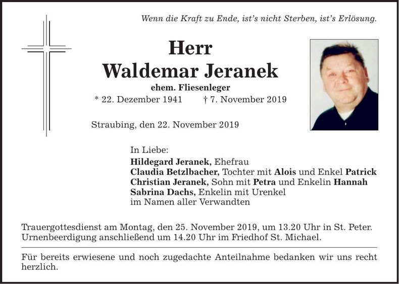 Traueranzeige Waldemar Jeranek