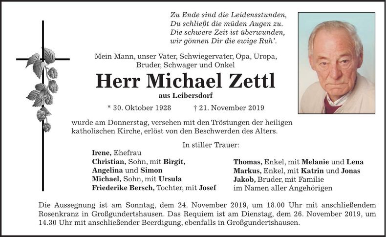 Traueranzeige Michael Zettl
