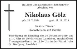 Traueranzeige Nikolaus Gölz