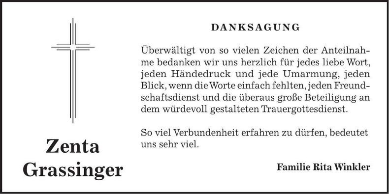 Traueranzeige Zenta Grassinger