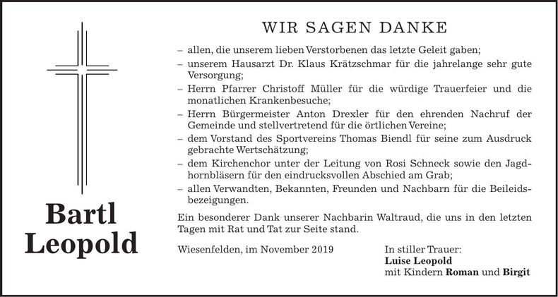Traueranzeige Bartl Leopold