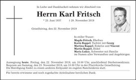 Traueranzeige Karl Fritsch