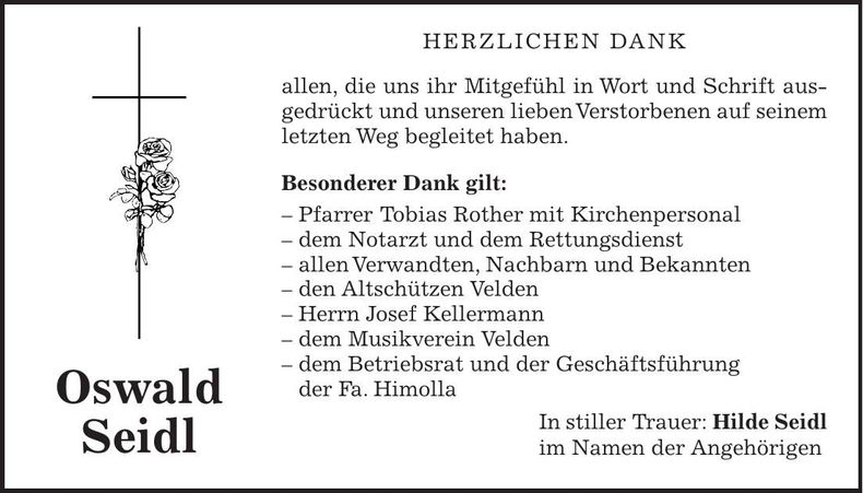Traueranzeige Oswald Seidl