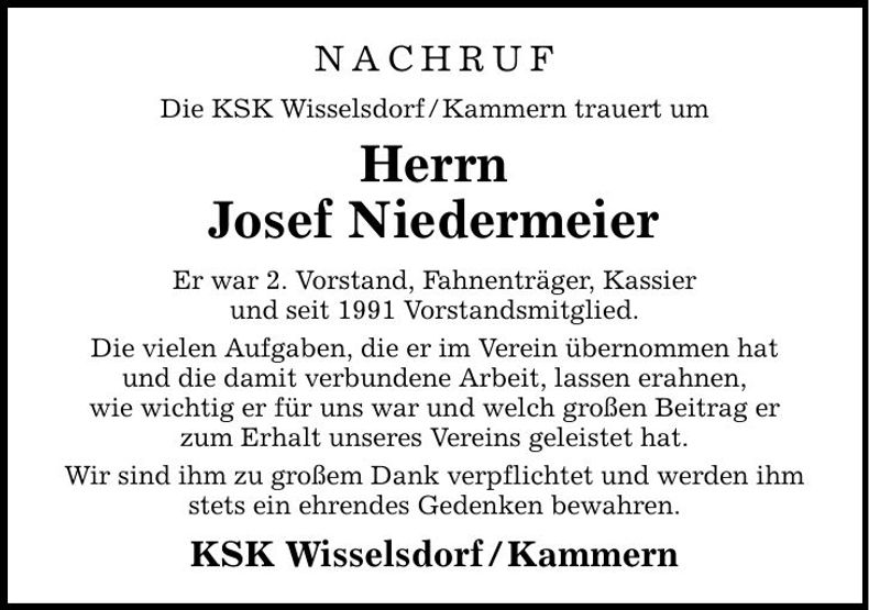 Traueranzeige Josef Niedermeier