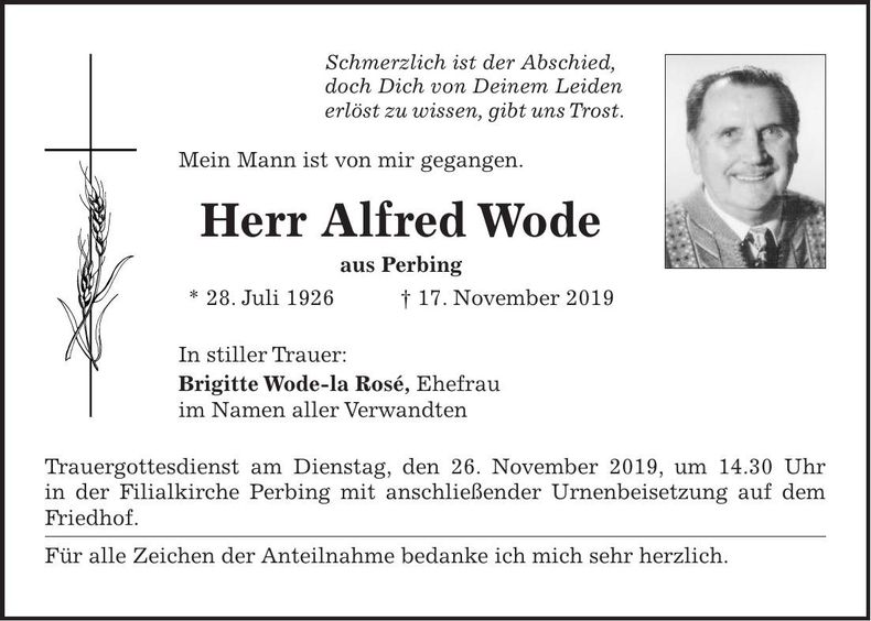 Traueranzeige Alfred Wode