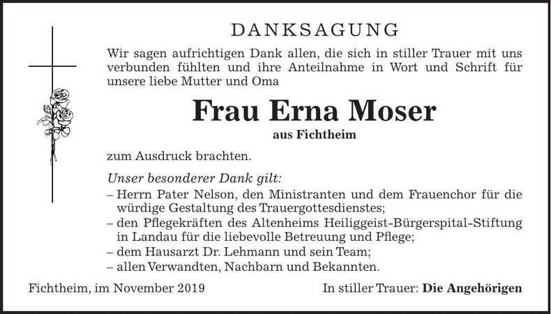 Traueranzeige Erna Moser