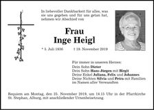 Traueranzeige Inge Heigl