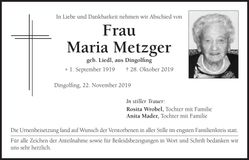 Traueranzeige Maria Metzger