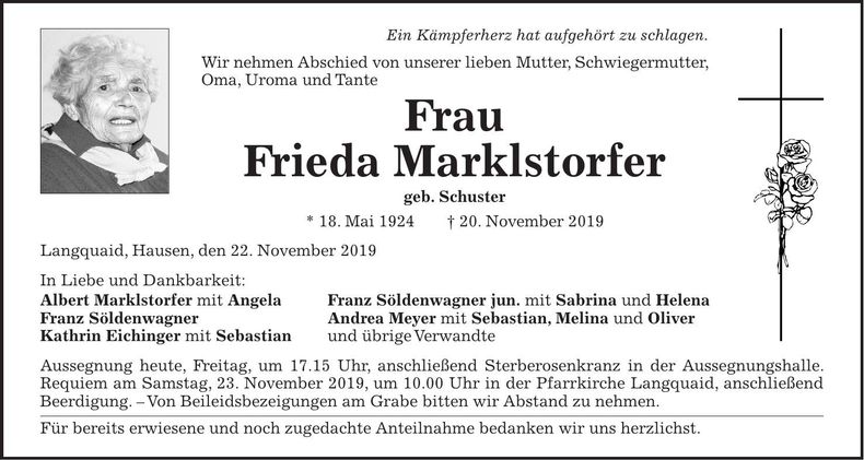 Traueranzeige Frieda Marklstorfer