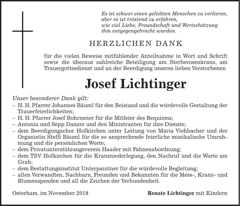 Traueranzeige Josef Lichtinger