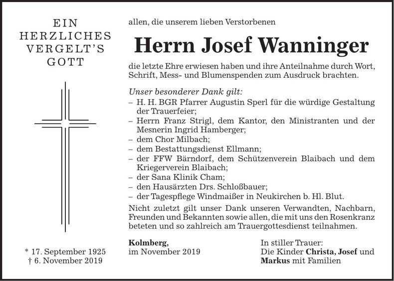 Traueranzeige Josef Wanninger