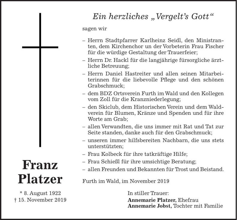 Traueranzeige Franz Platzer