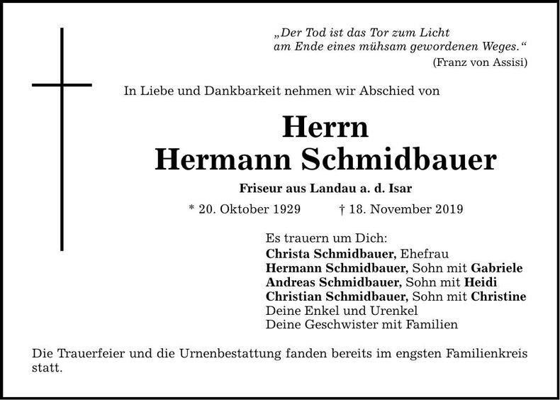Traueranzeige Hermann Schmidbauer