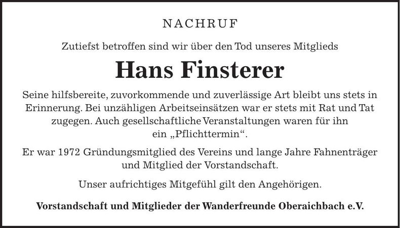 Traueranzeige Hans Finsterer
