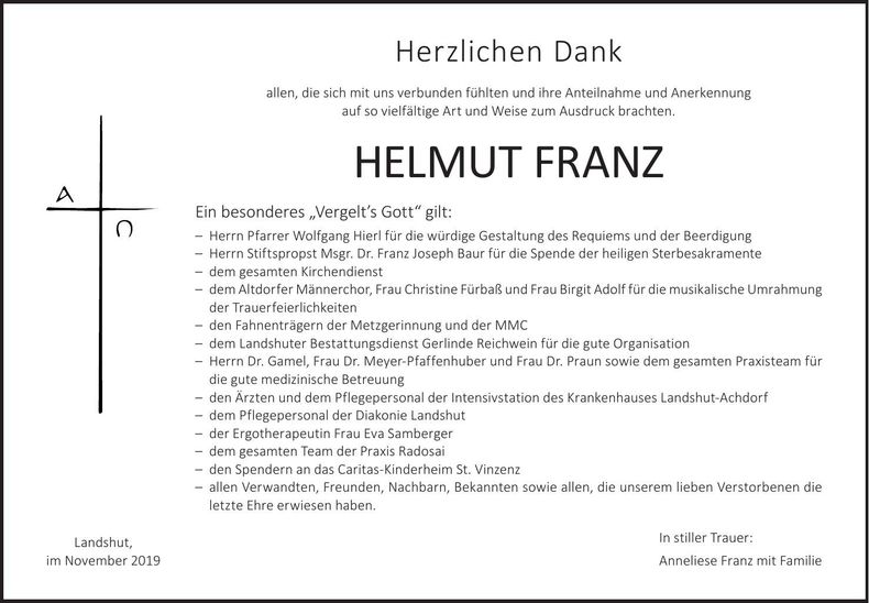 Traueranzeige Helmut Franz