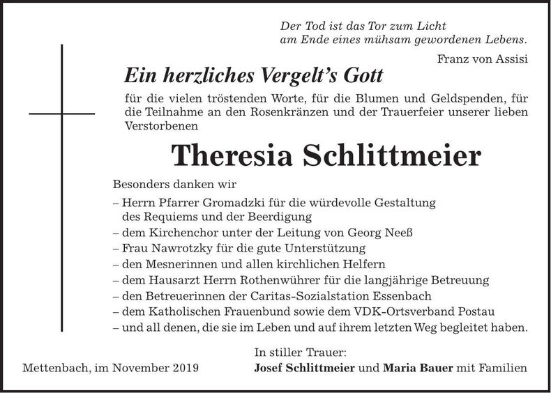 Traueranzeige Theresia Schlittmeier