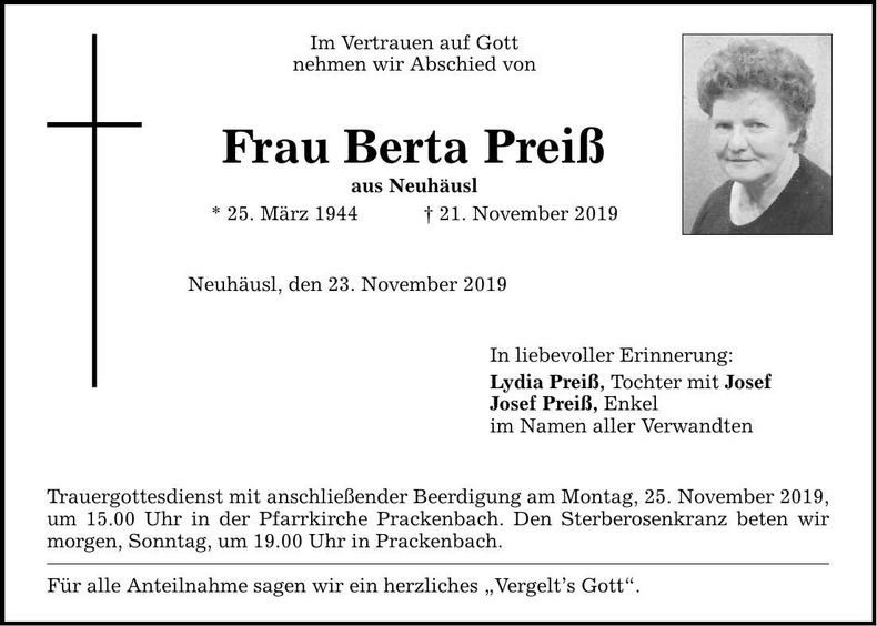 Traueranzeige Preiß Berta